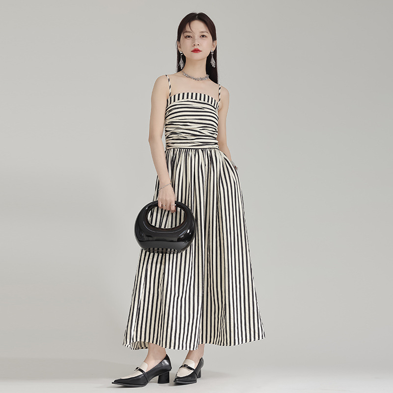 Stripe fold long dress A-line strapless dress for women