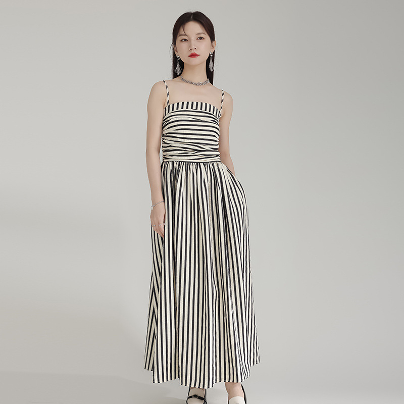 Stripe fold long dress A-line strapless dress for women