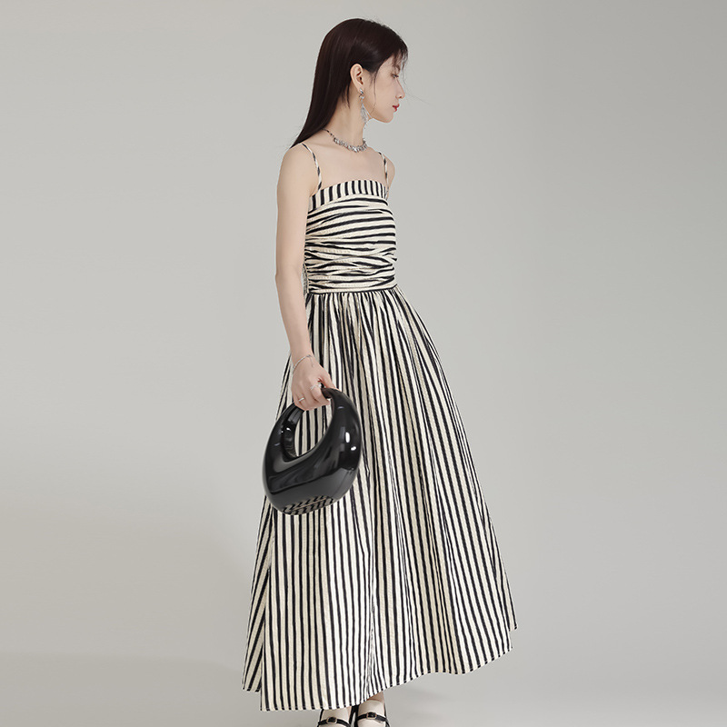 Stripe fold long dress A-line strapless dress for women