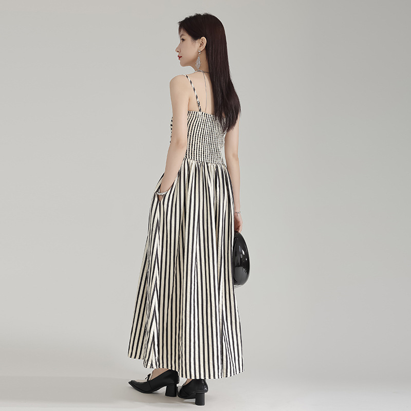 Stripe fold long dress A-line strapless dress for women