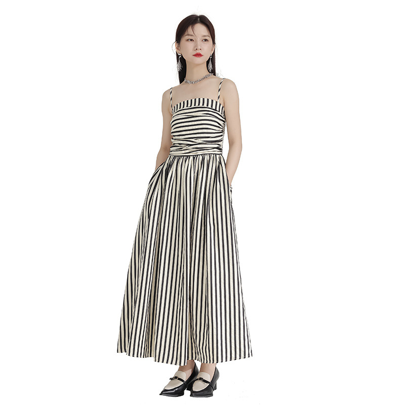 Stripe fold long dress A-line strapless dress for women