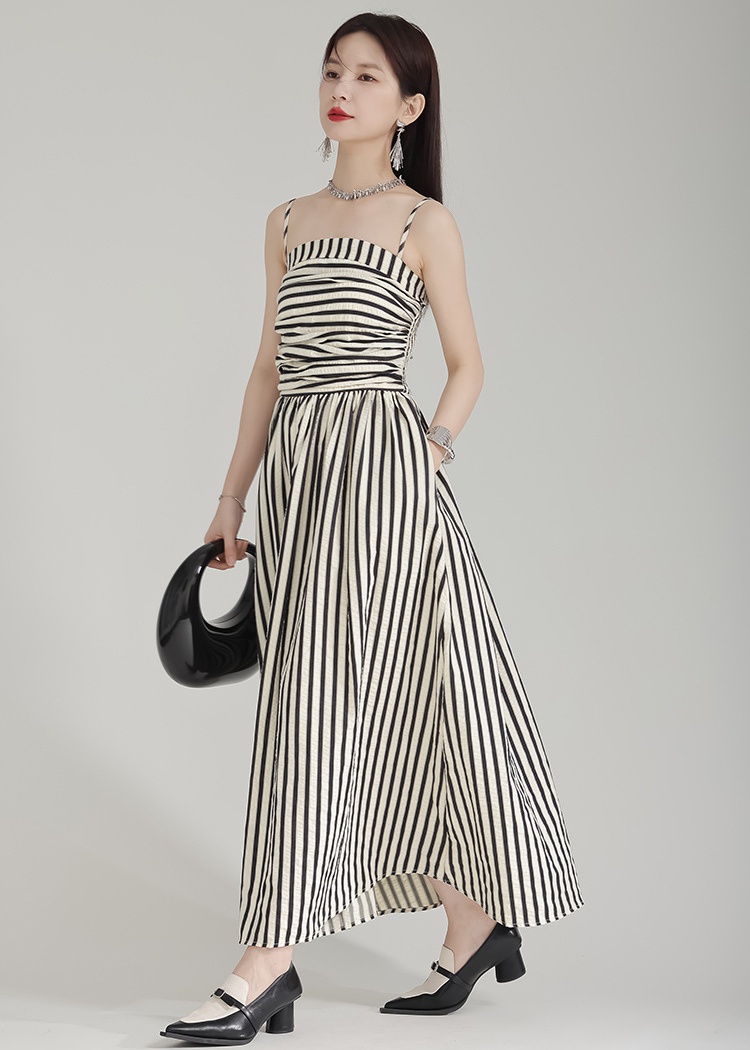 Stripe fold long dress A-line strapless dress for women