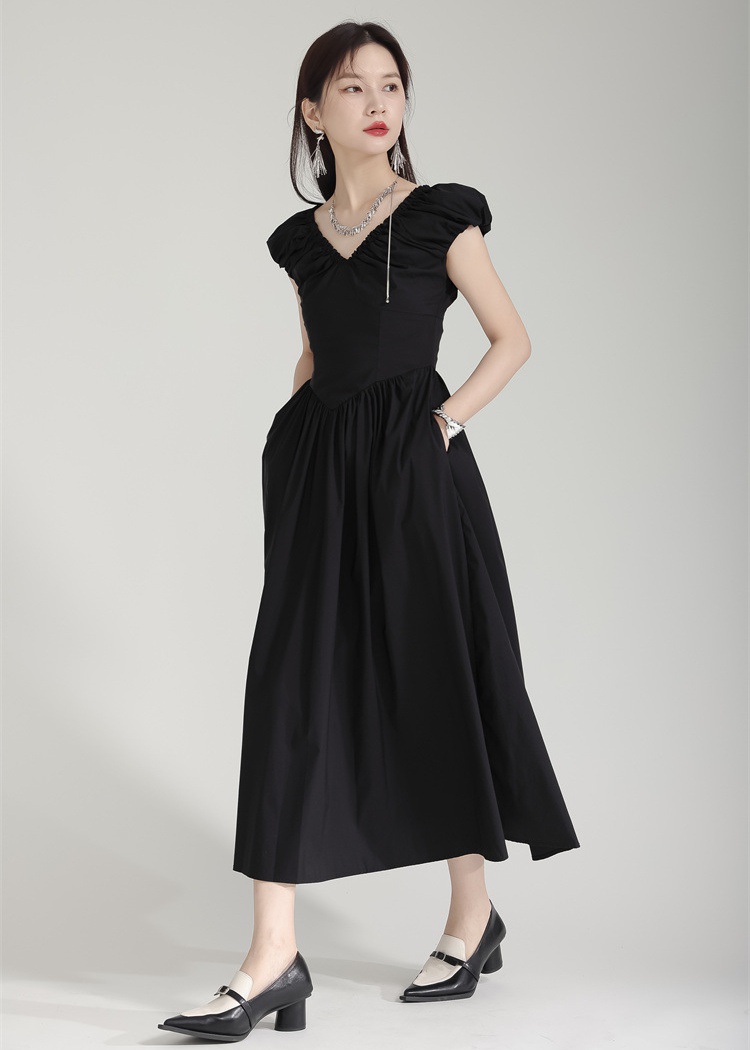 Temperament V-neck dress sleeveless pinched waist long dress