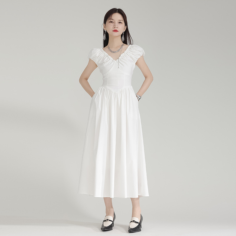 Temperament V-neck dress sleeveless pinched waist long dress