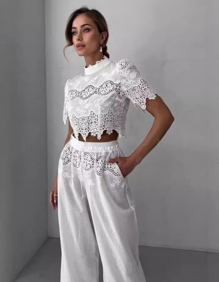 Wide leg long pants short tops a set for women