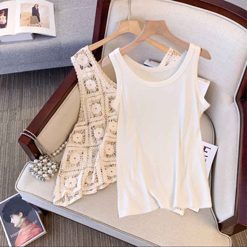 V-neck retro white smock long sling summer vest 2pcs set