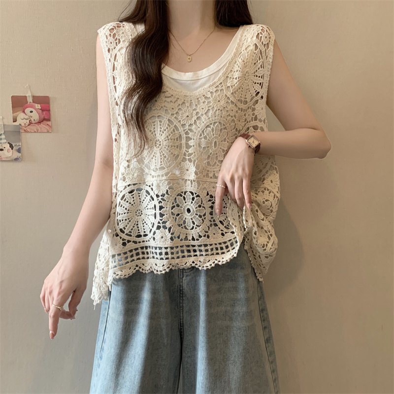 Large yard retro pullover vest 2pcs set for women