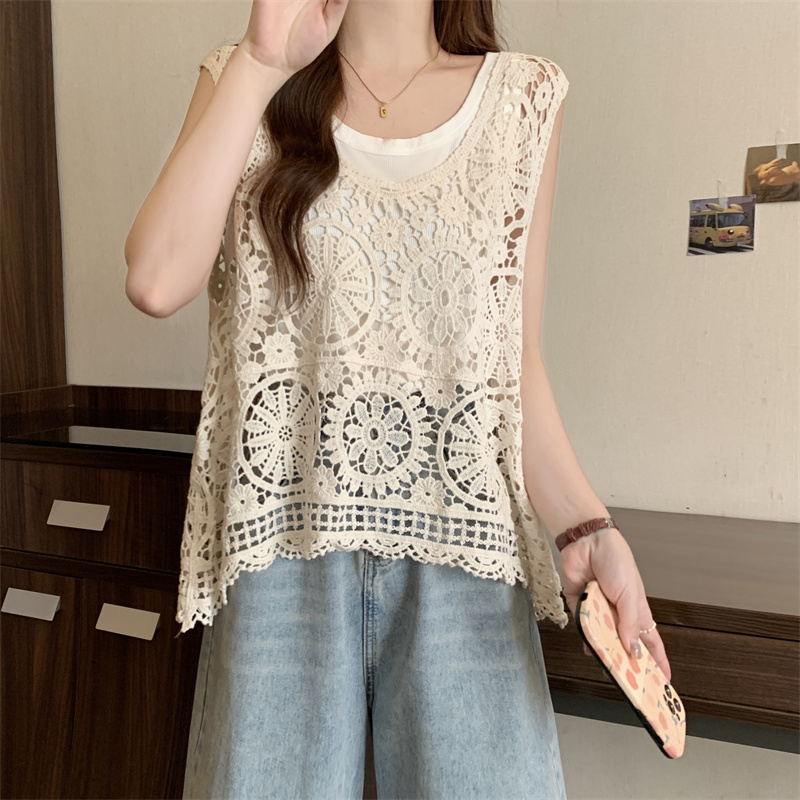 Large yard retro pullover vest 2pcs set for women