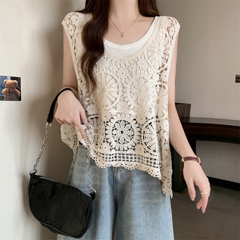 Large yard retro pullover vest 2pcs set for women