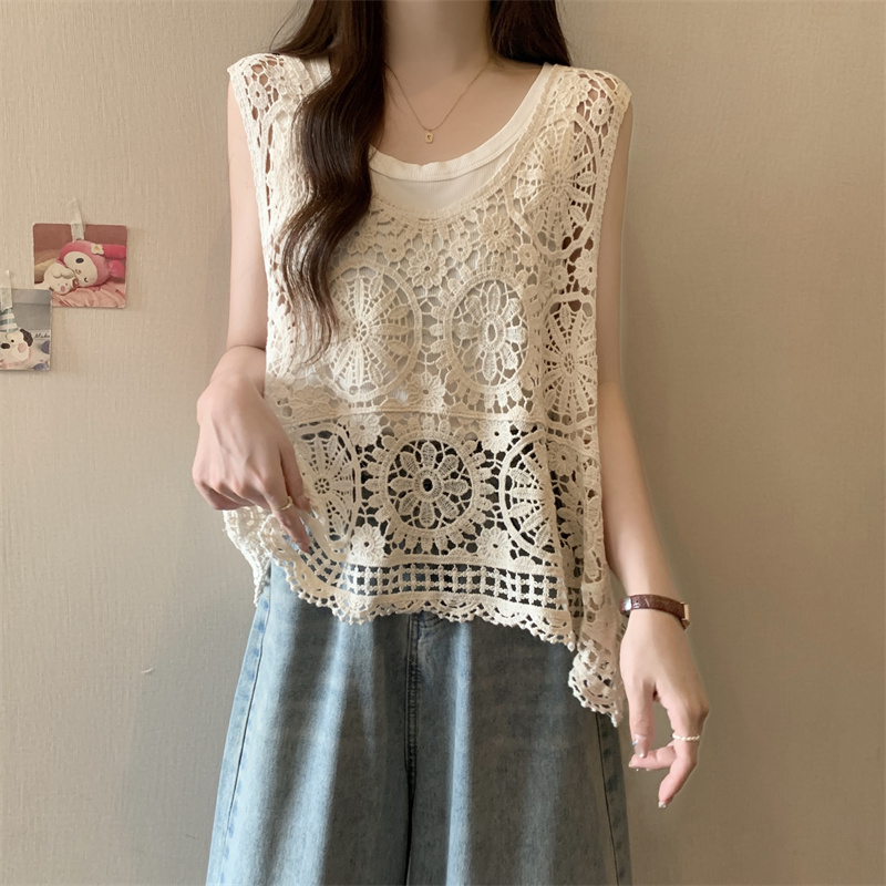 Large yard retro pullover vest 2pcs set for women