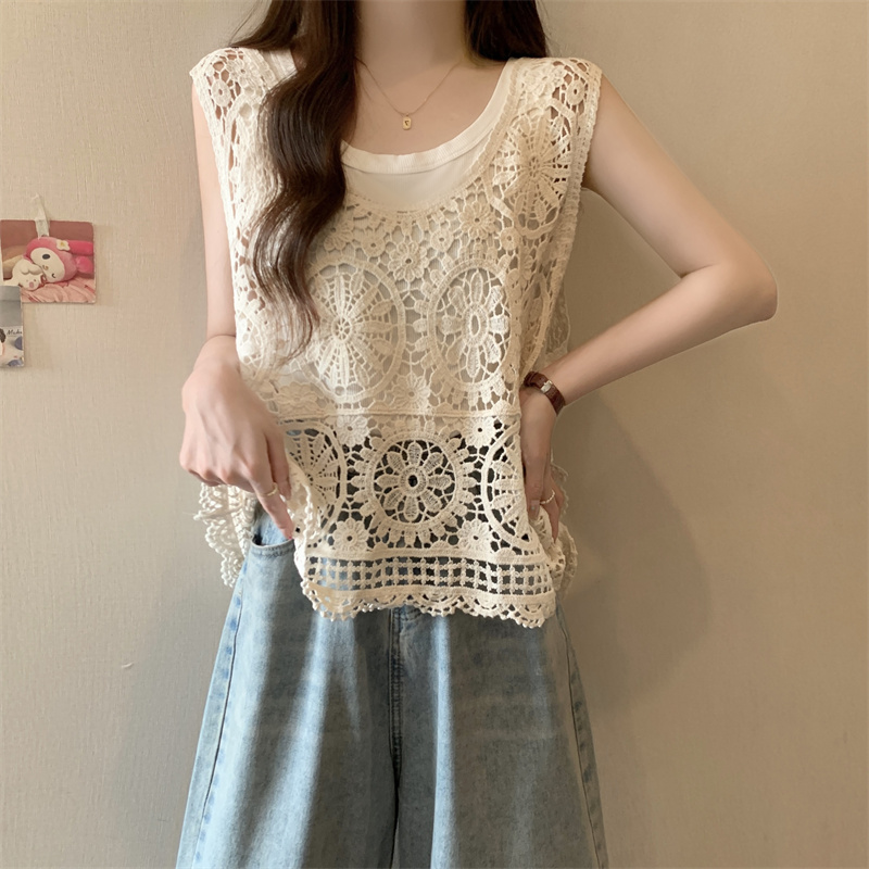 Large yard retro pullover vest 2pcs set for women