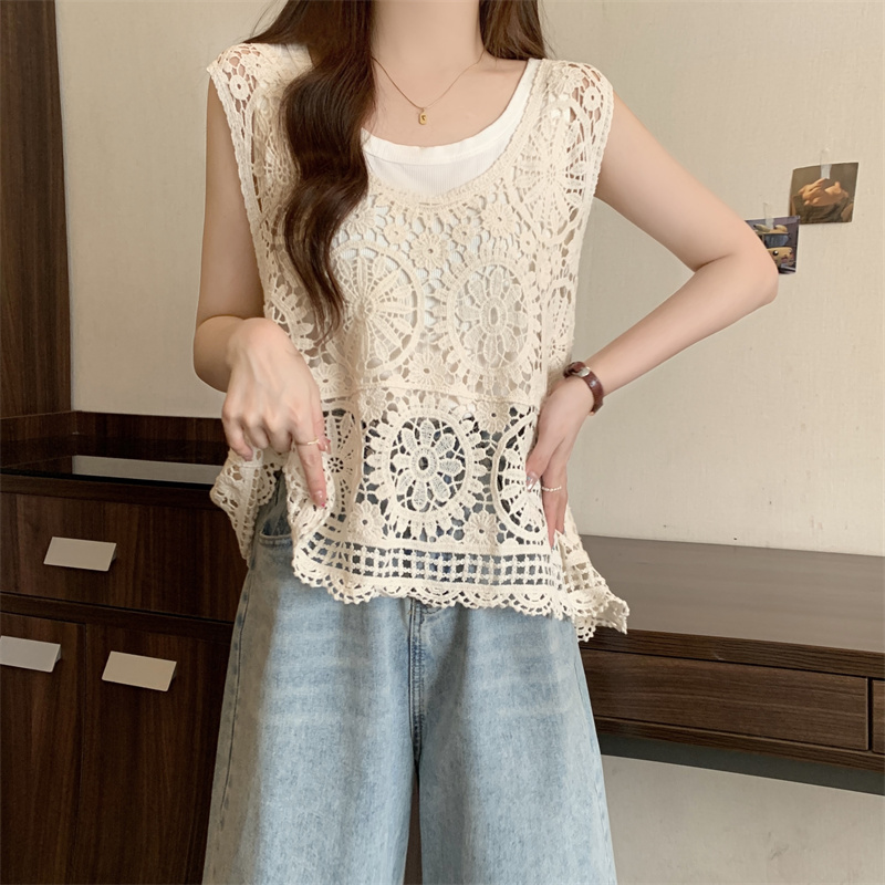 Large yard retro pullover vest 2pcs set for women