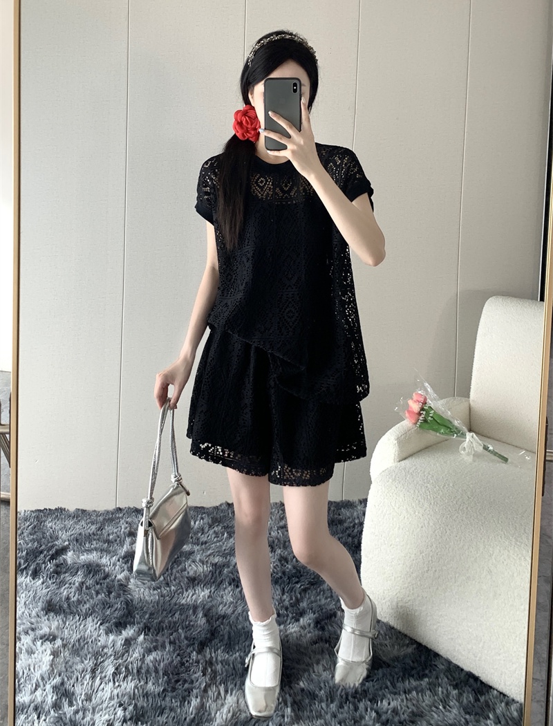 Short sleeve lace summer shorts hollow Casual tops 2pcs set