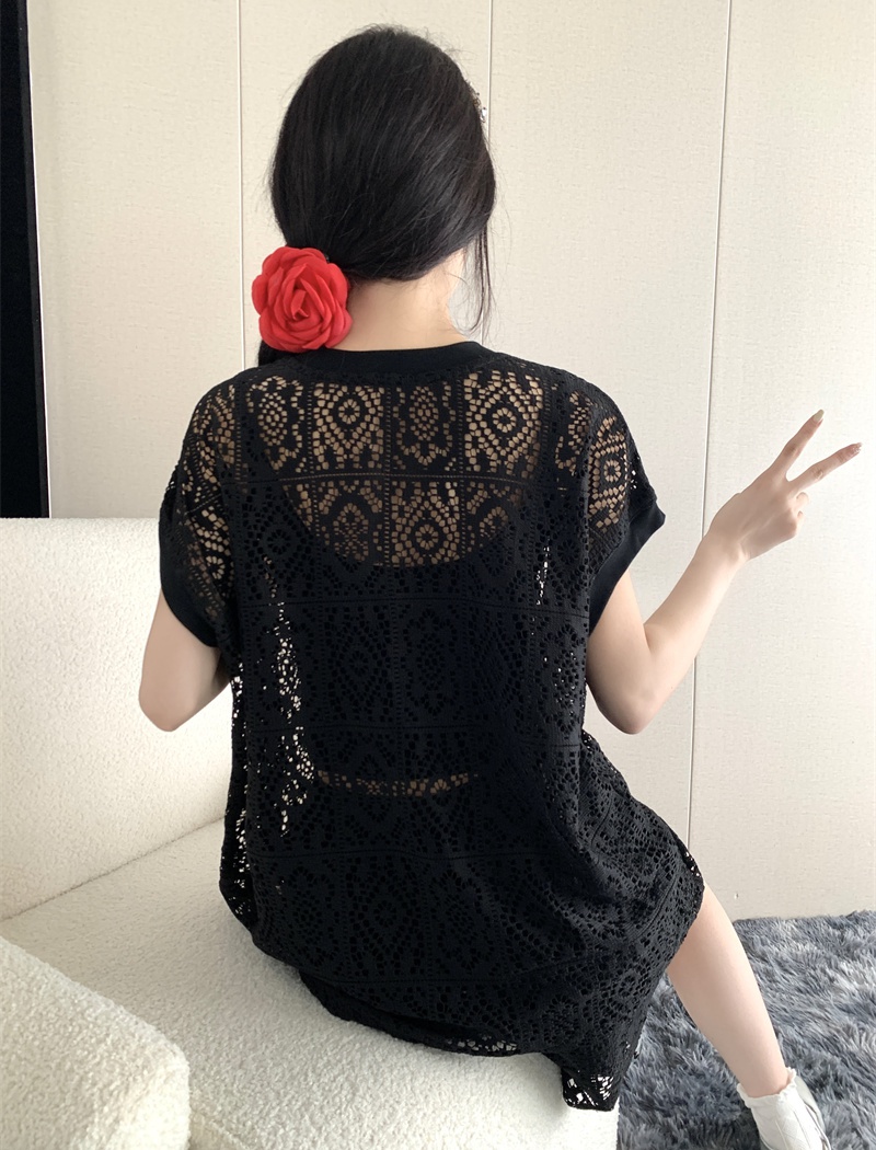 Short sleeve lace summer shorts hollow Casual tops 2pcs set