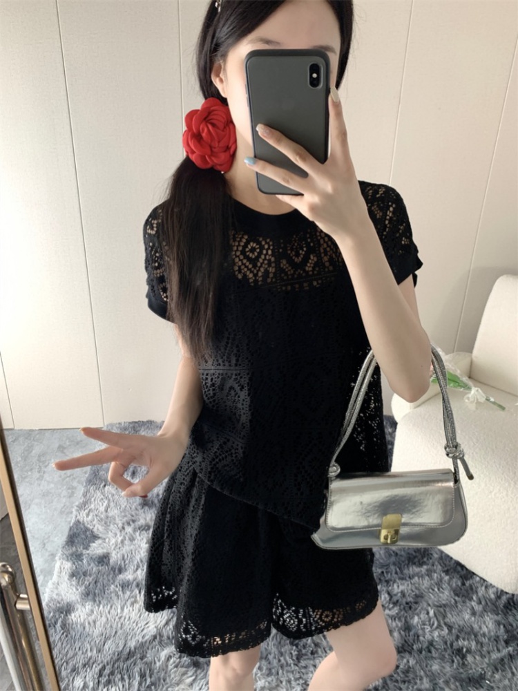 Short sleeve lace summer shorts hollow Casual tops 2pcs set