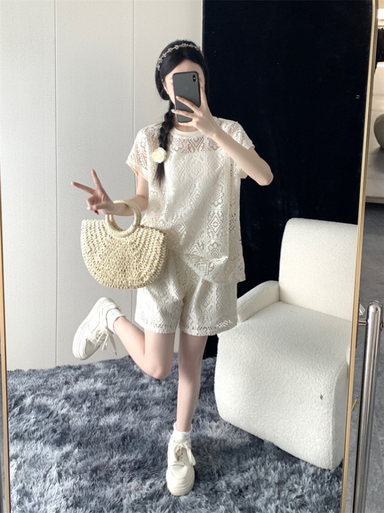 Short sleeve lace summer shorts hollow Casual tops 2pcs set