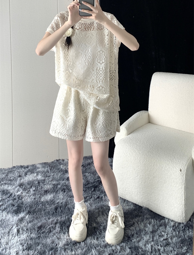 Short sleeve lace summer shorts hollow Casual tops 2pcs set