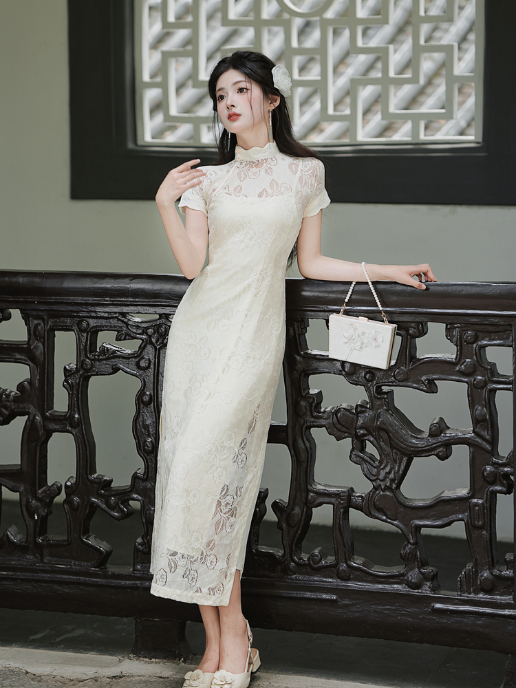 Lace a slice short sleeve long Chinese style retro cheongsam