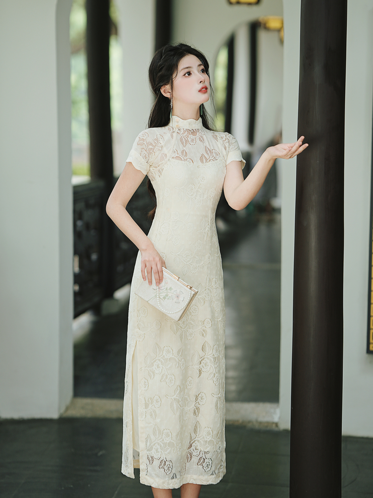 Lace a slice short sleeve long Chinese style retro cheongsam