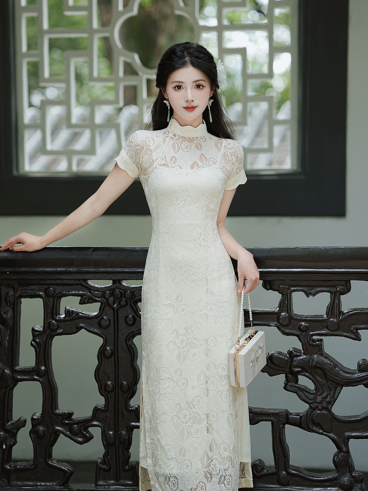 Lace a slice short sleeve long Chinese style retro cheongsam