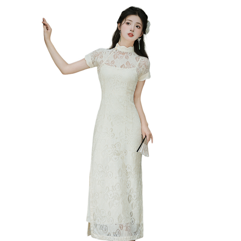 Lace a slice short sleeve long Chinese style retro cheongsam