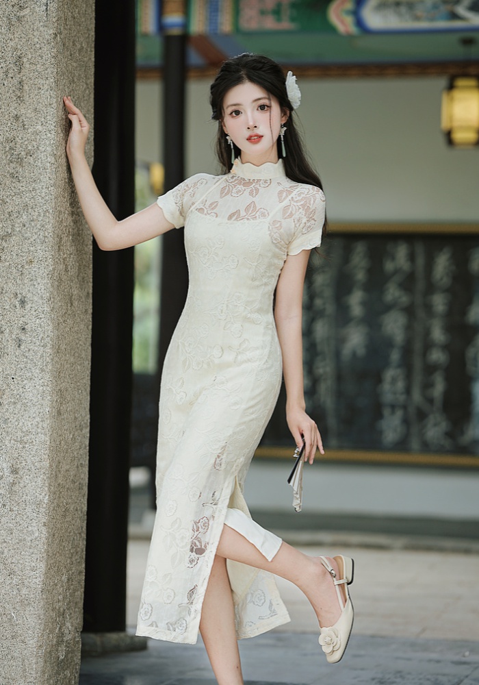 Lace a slice short sleeve long Chinese style retro cheongsam