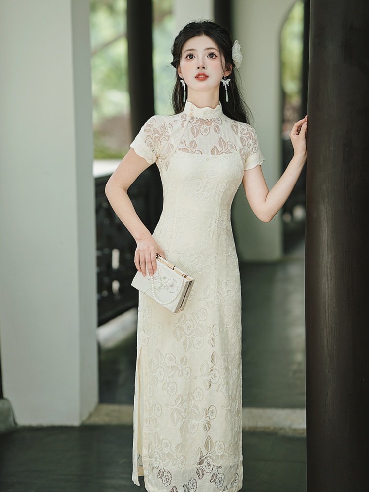 Lace a slice short sleeve long Chinese style retro cheongsam