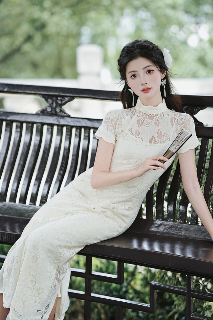 Lace a slice short sleeve long Chinese style retro cheongsam