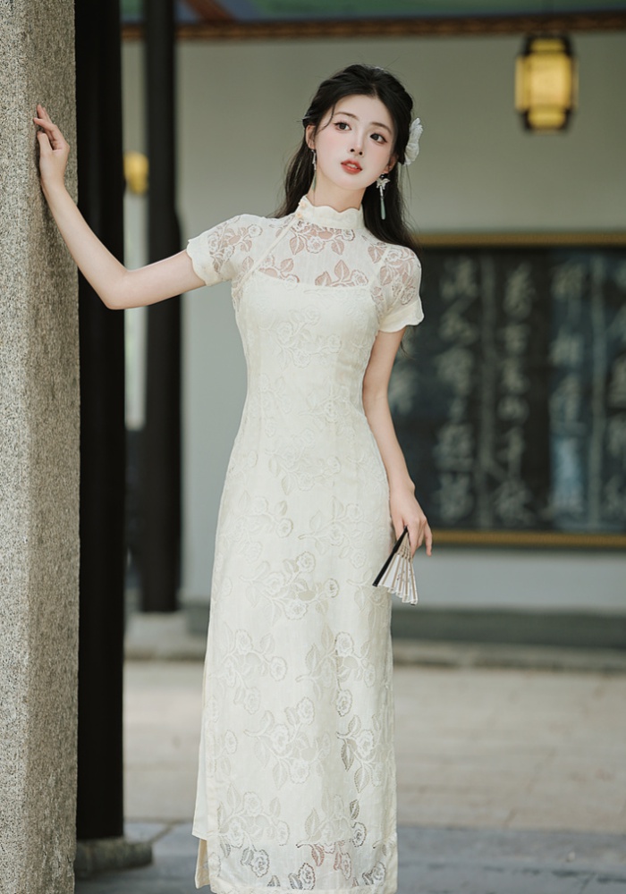 Lace a slice short sleeve long Chinese style retro cheongsam