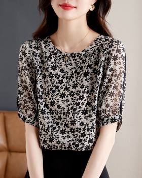 Floral fold tops slim chiffon shirt for women