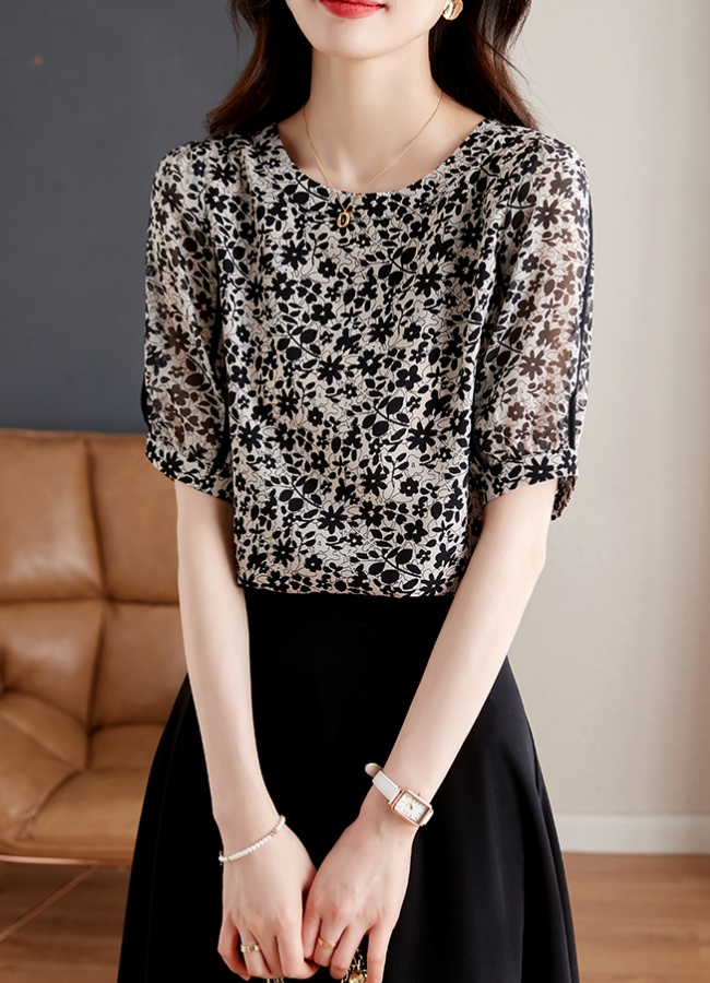 Floral fold tops slim chiffon shirt for women