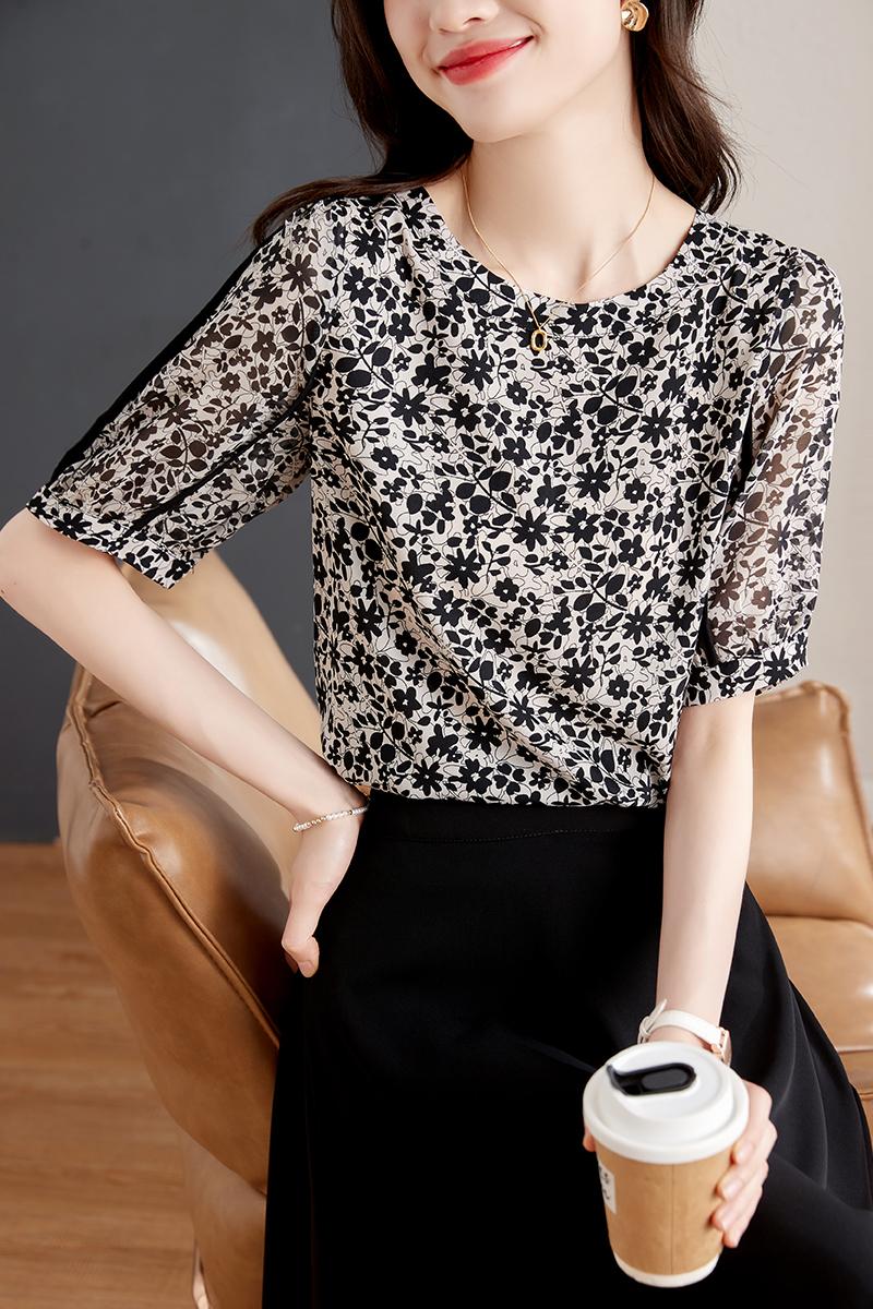 Floral fold tops slim chiffon shirt for women