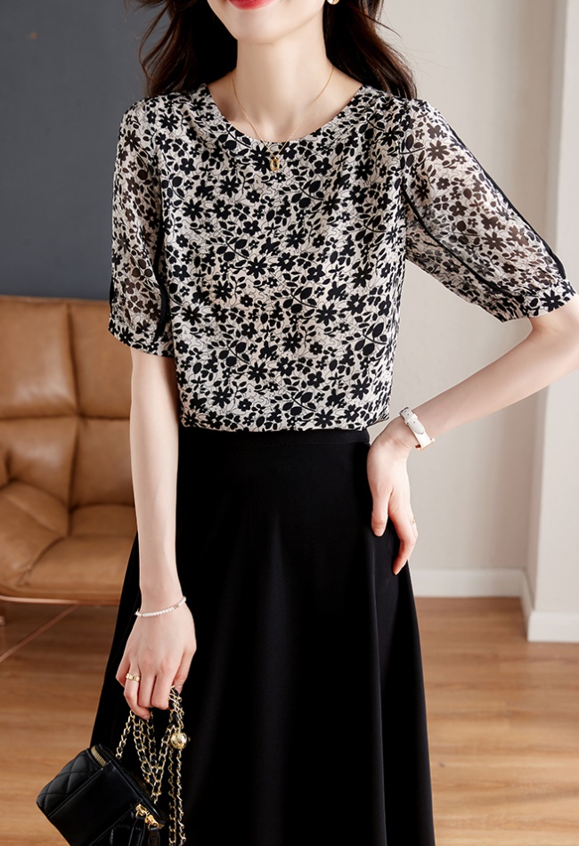 Floral fold tops slim chiffon shirt for women