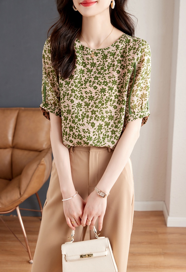 Floral fold tops slim chiffon shirt for women