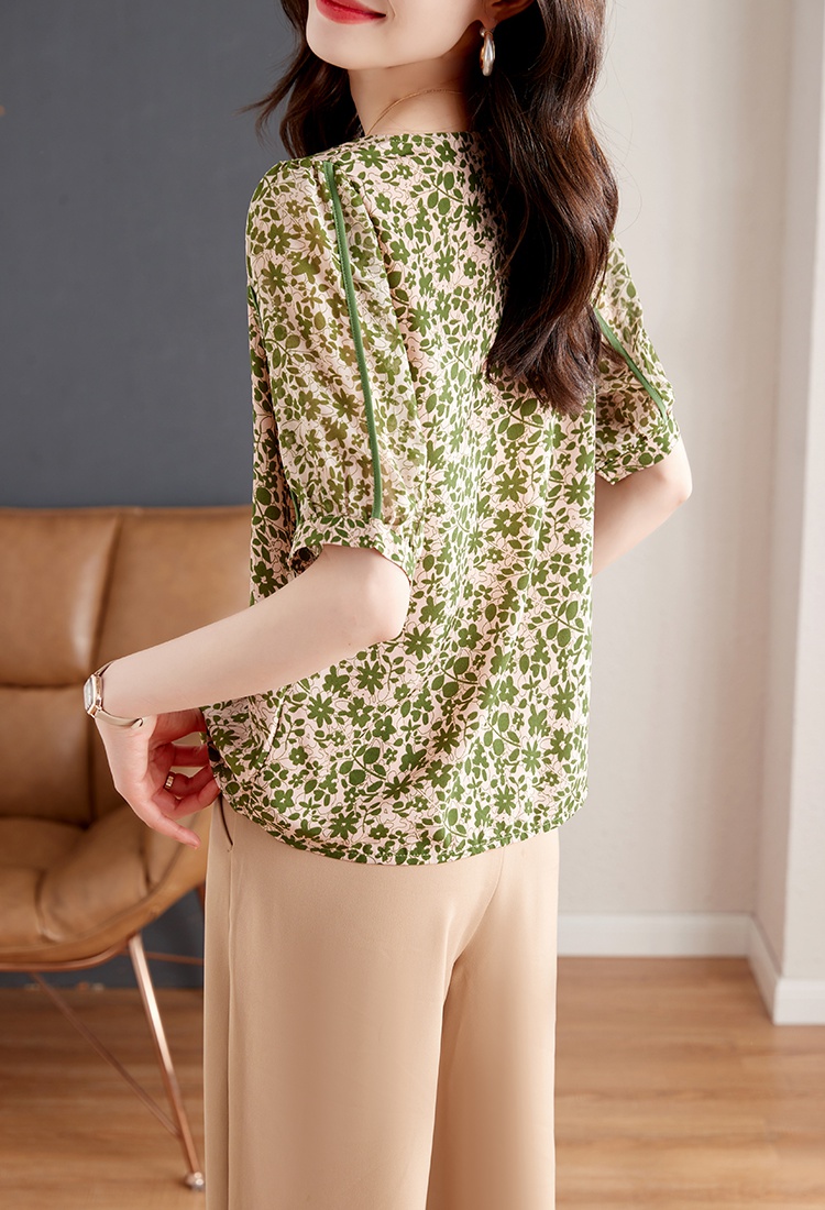 Floral fold tops slim chiffon shirt for women