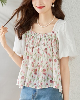 Loose sweet style shirt short sleeve floral chiffon shirt