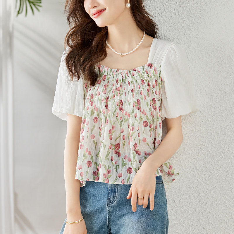 Loose sweet style shirt short sleeve floral chiffon shirt