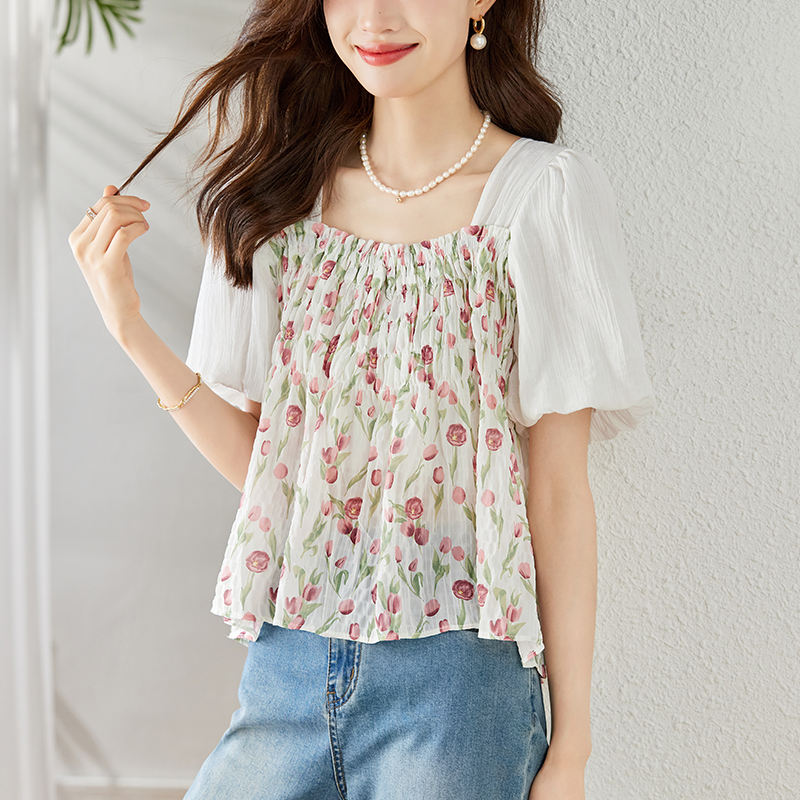 Loose sweet style shirt short sleeve floral chiffon shirt