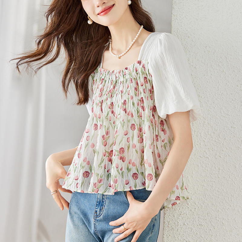 Loose sweet style shirt short sleeve floral chiffon shirt