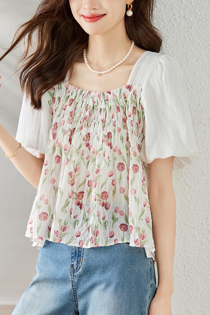 Loose sweet style shirt short sleeve floral chiffon shirt