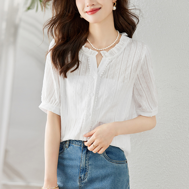 V-neck summer art tops retro jacquard countryside shirt