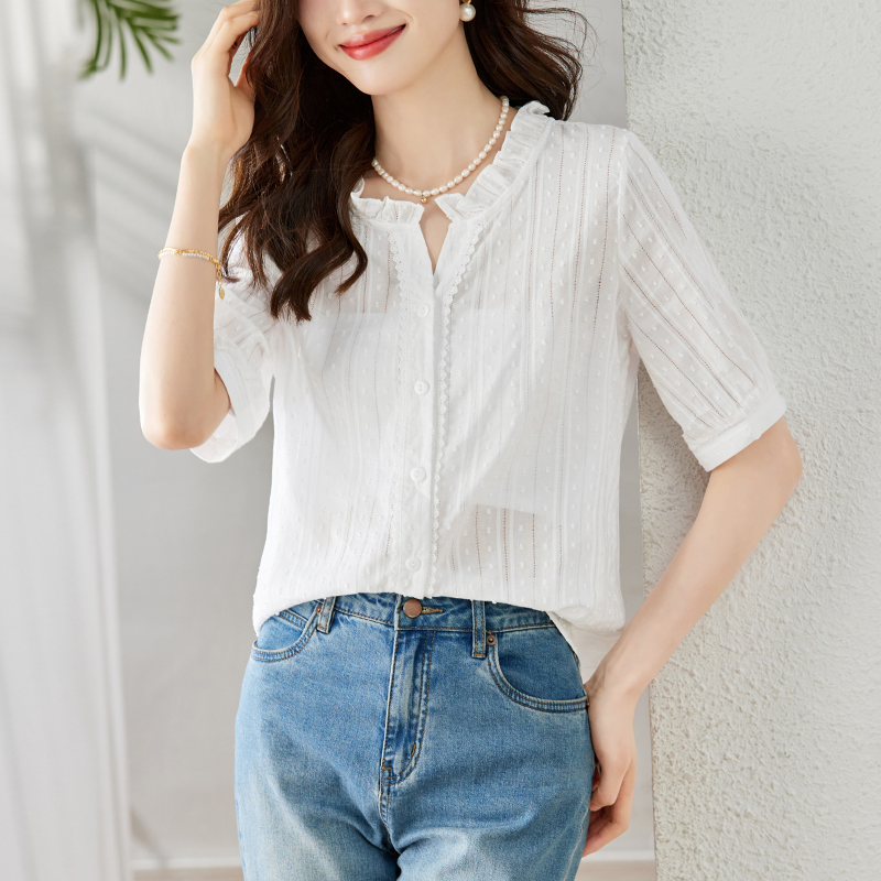 V-neck summer art tops retro jacquard countryside shirt