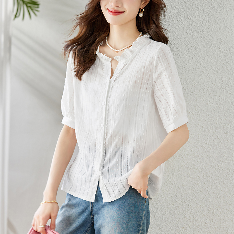 V-neck summer art tops retro jacquard countryside shirt