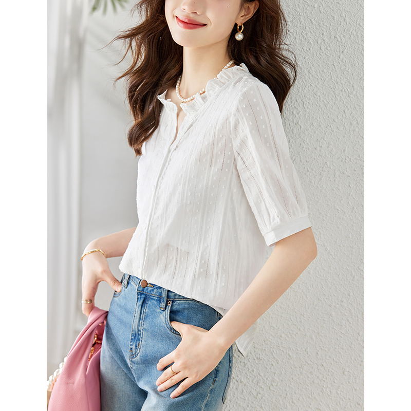 V-neck summer art tops retro jacquard countryside shirt