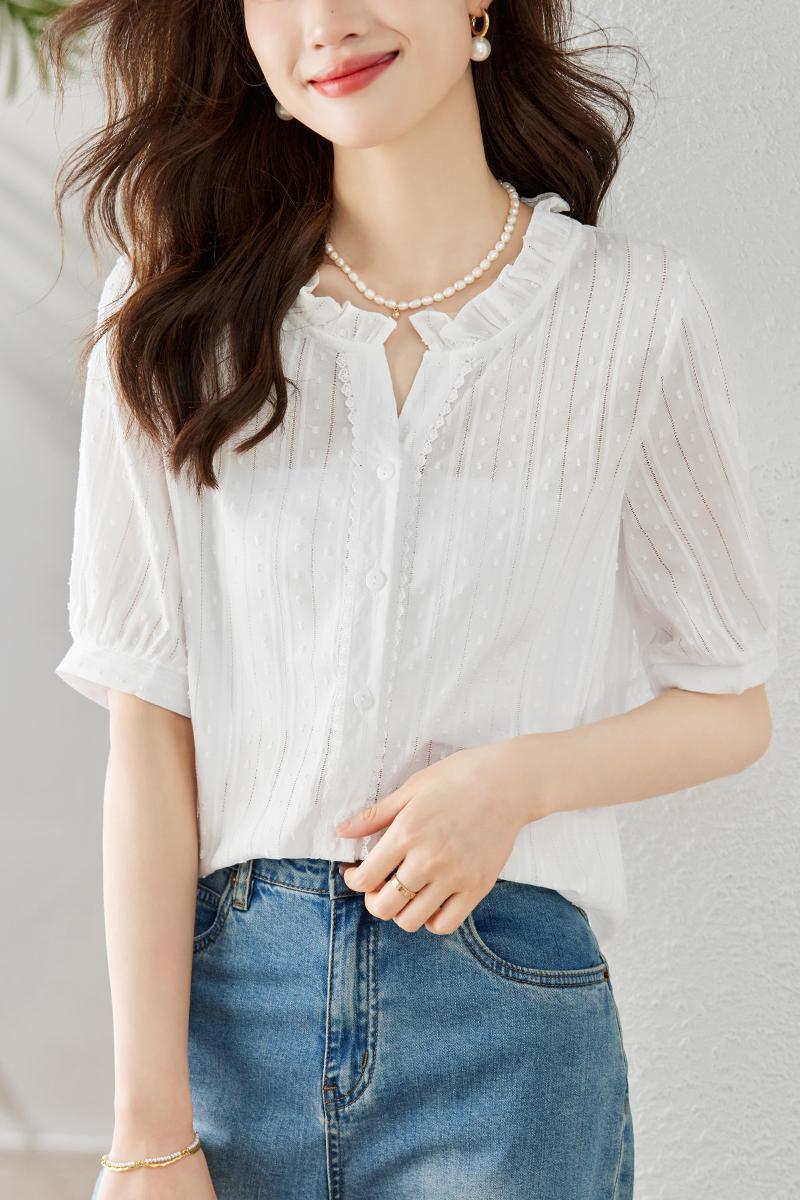 V-neck summer art tops retro jacquard countryside shirt