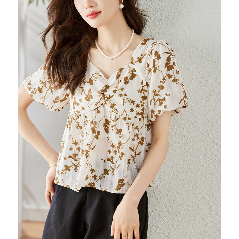 Puff sleeve square collar shirt floral doll shirt