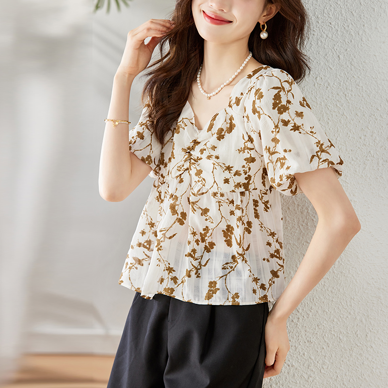 Puff sleeve square collar shirt floral doll shirt