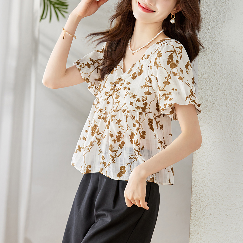 Puff sleeve square collar shirt floral doll shirt