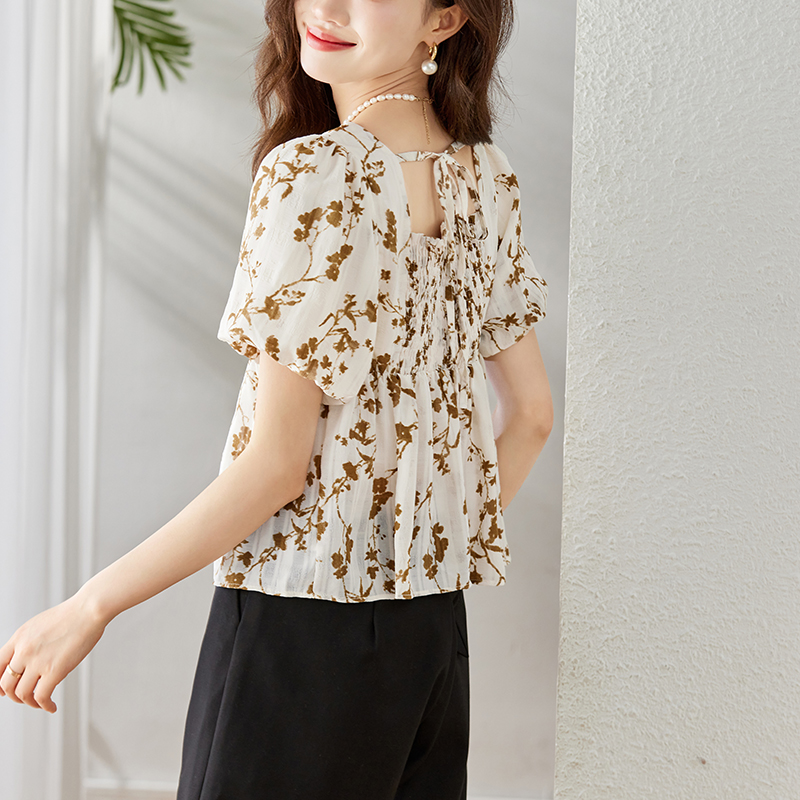 Puff sleeve square collar shirt floral doll shirt