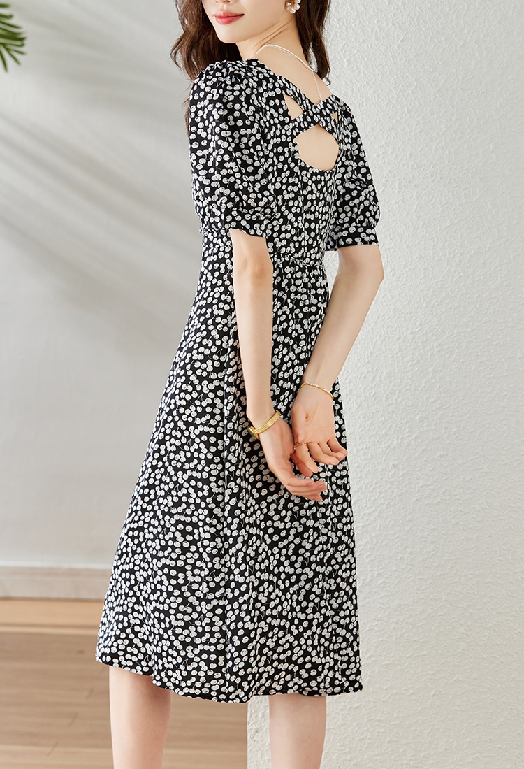 All-match pinched waist long dress short sleeve floral dress